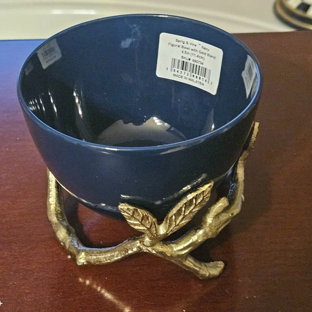 RARE NIB LENOX BUTTERFLY FLOWER SPRIG & VINE NAVY BLUE GOLD FIGURAL BOWL & STAND